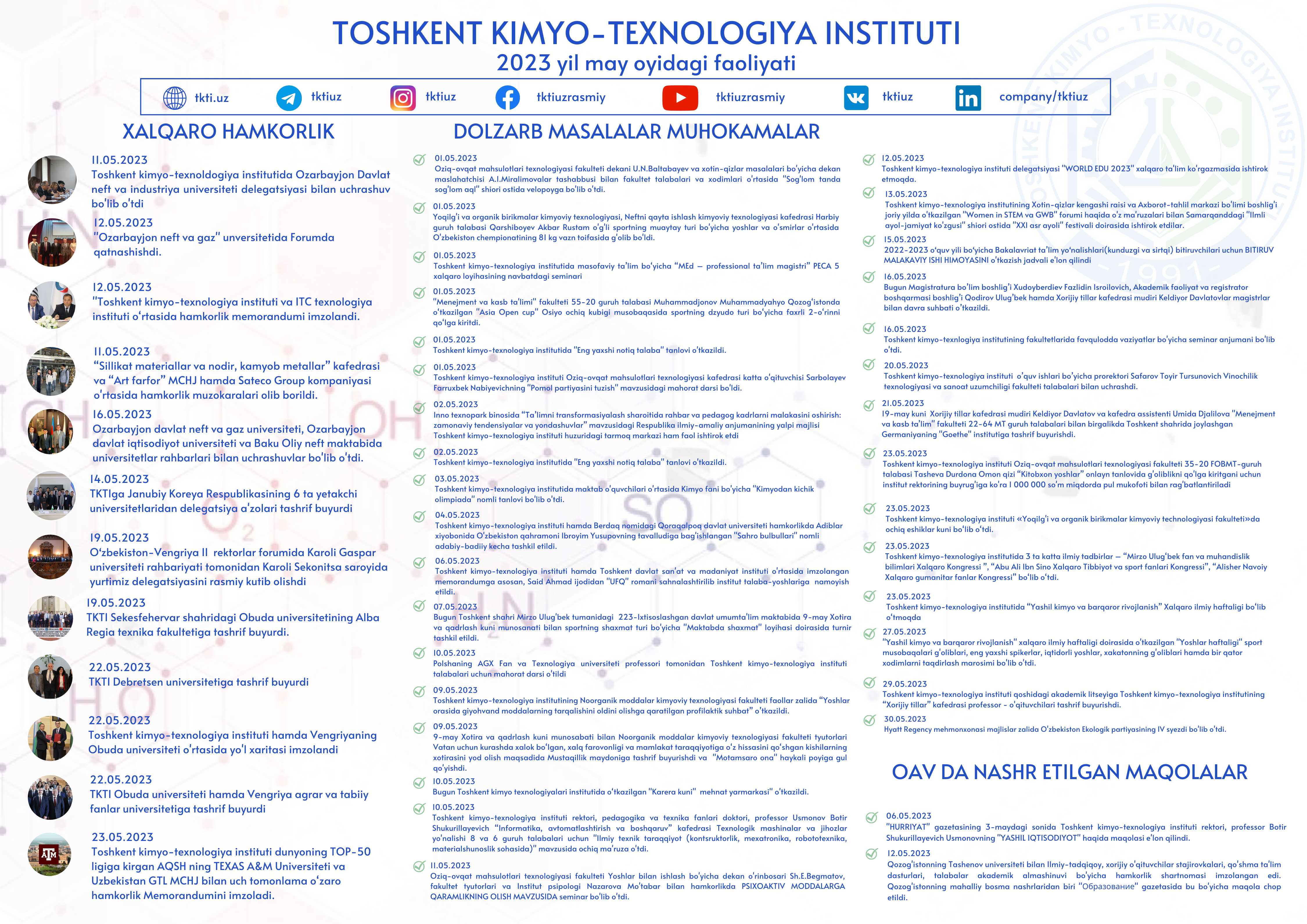 Toshkent kimyo-texnologiya institutining 2023-yil may oyidagi faoliyati | tkti.uz