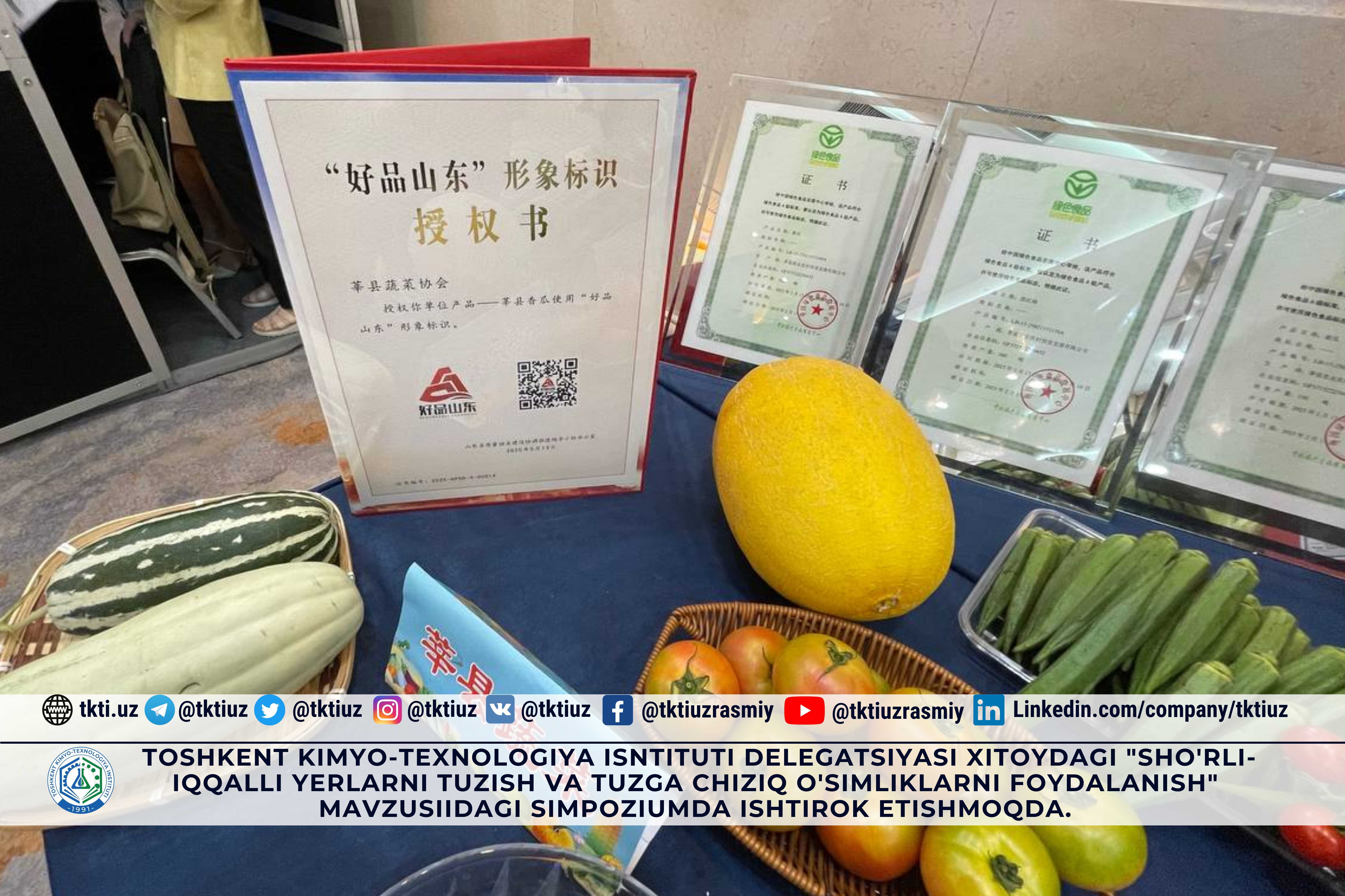 Toshkent kimyo-texnologiya isntituti delegatsiyasi Xitoydagi "Sho'rli-iqqalli yerlarni tuzish va tuzga chiziq o'simliklarni foydalanish" mavzusiidagi simpoziumda ishtirok etishmoqda. | tkti.uz