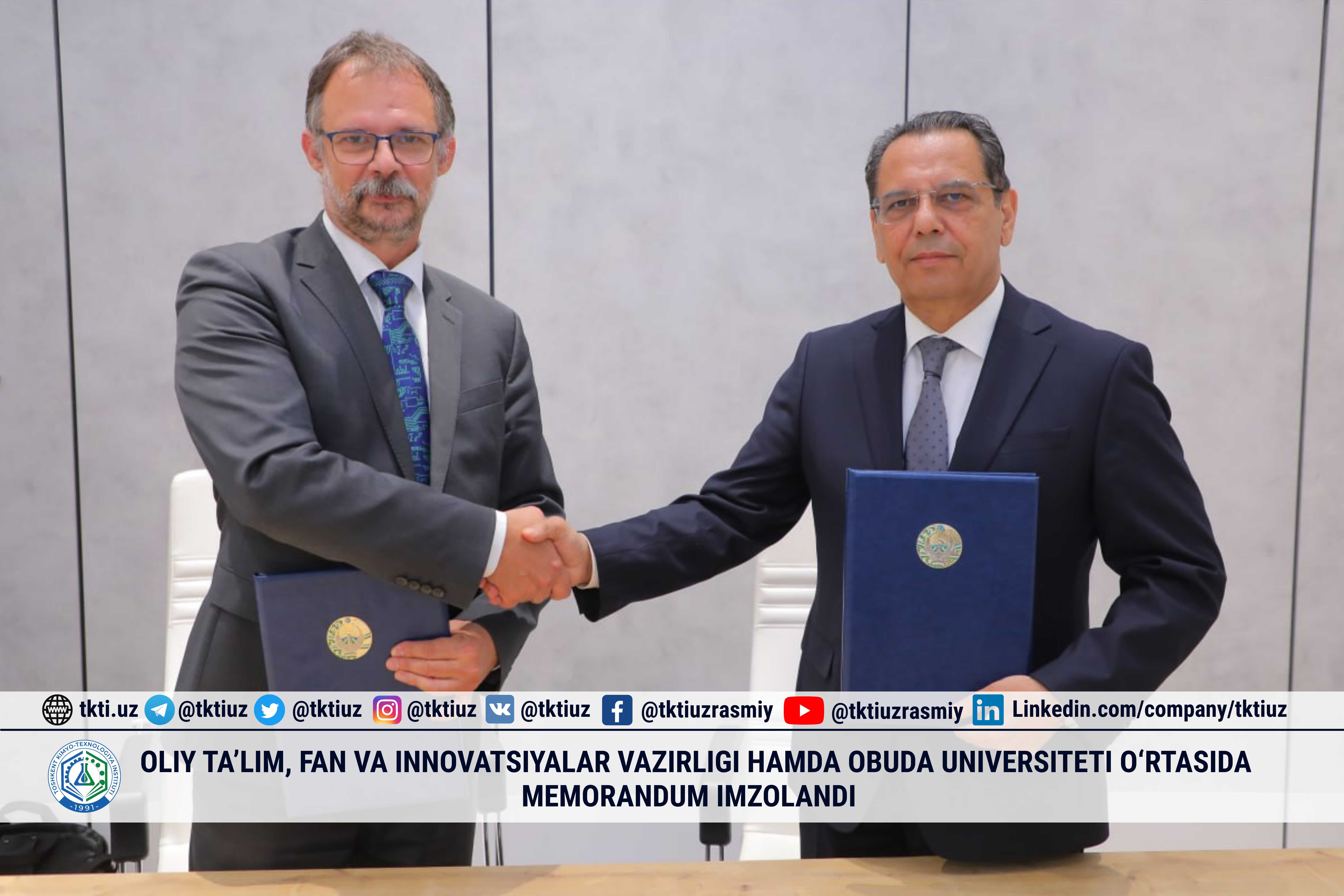 Oliy ta’lim, fan va innovatsiyalar vazirligi hamda Obuda universiteti o‘rtasida memorandum imzolandi | tkti.uz